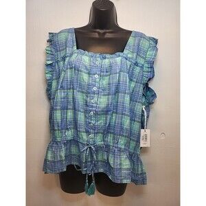 Simply Southern Womens 2XL Blouse Plaid Peasant Prairie Drawstring Waist